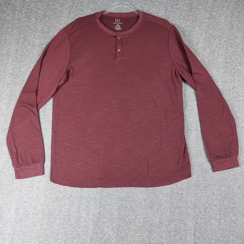GEORGE MENS BURGUNDY MAROON LONG SLEEVE POLYESTER BLEND HENLEY SIZE LARGE